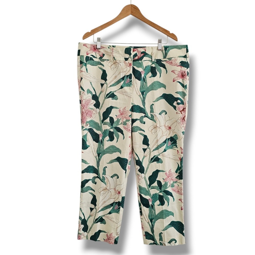 Ann Taylor Pants 16 Women Cream Floral Lily Straight Leg Cottage Coastal Preppy